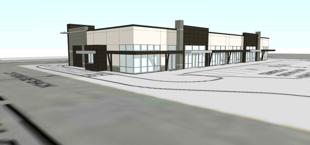 Rendering of a proposed multi-tenant commercial/retail building within the Brands development