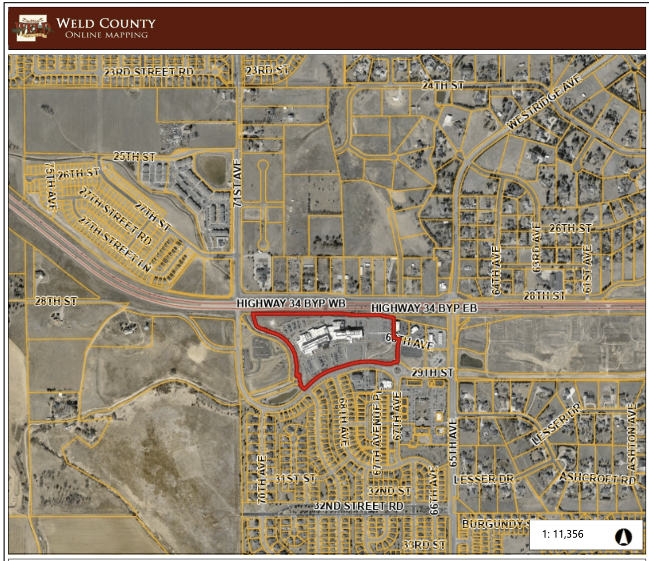 UCHealth Greeley Hospital locator map.